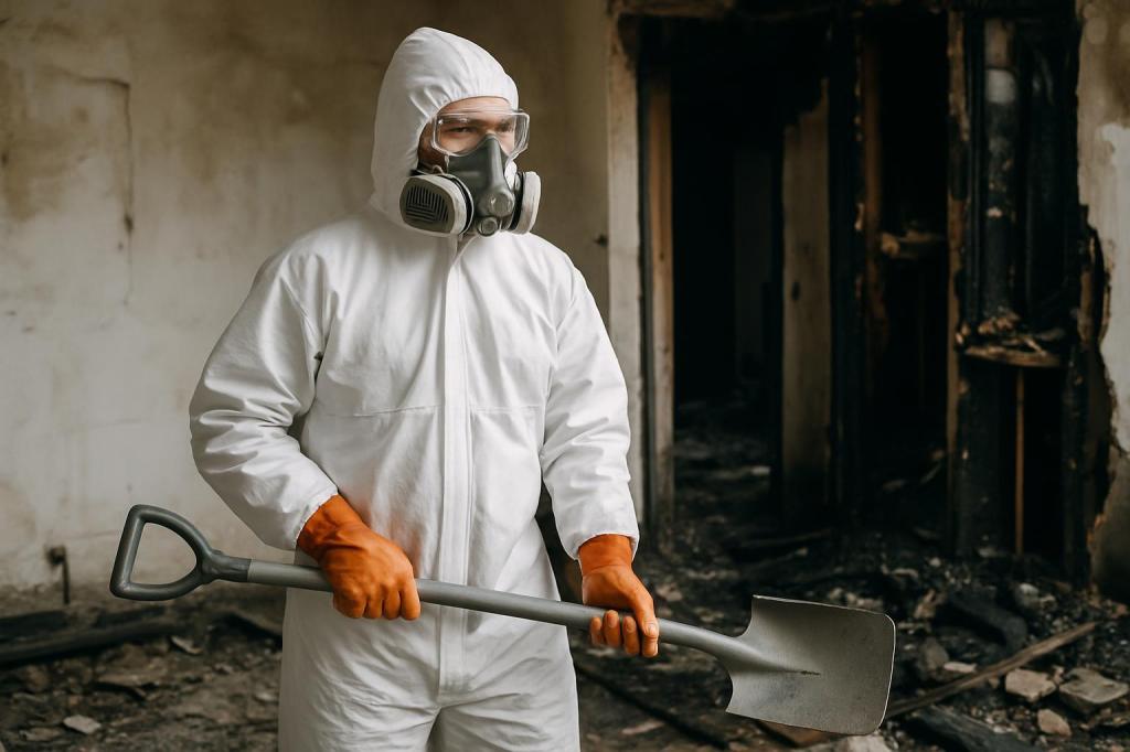 Un trabajador de salvamento vestido con una traje protector está preparado para respaldar a los posteriores/as trabajadore...