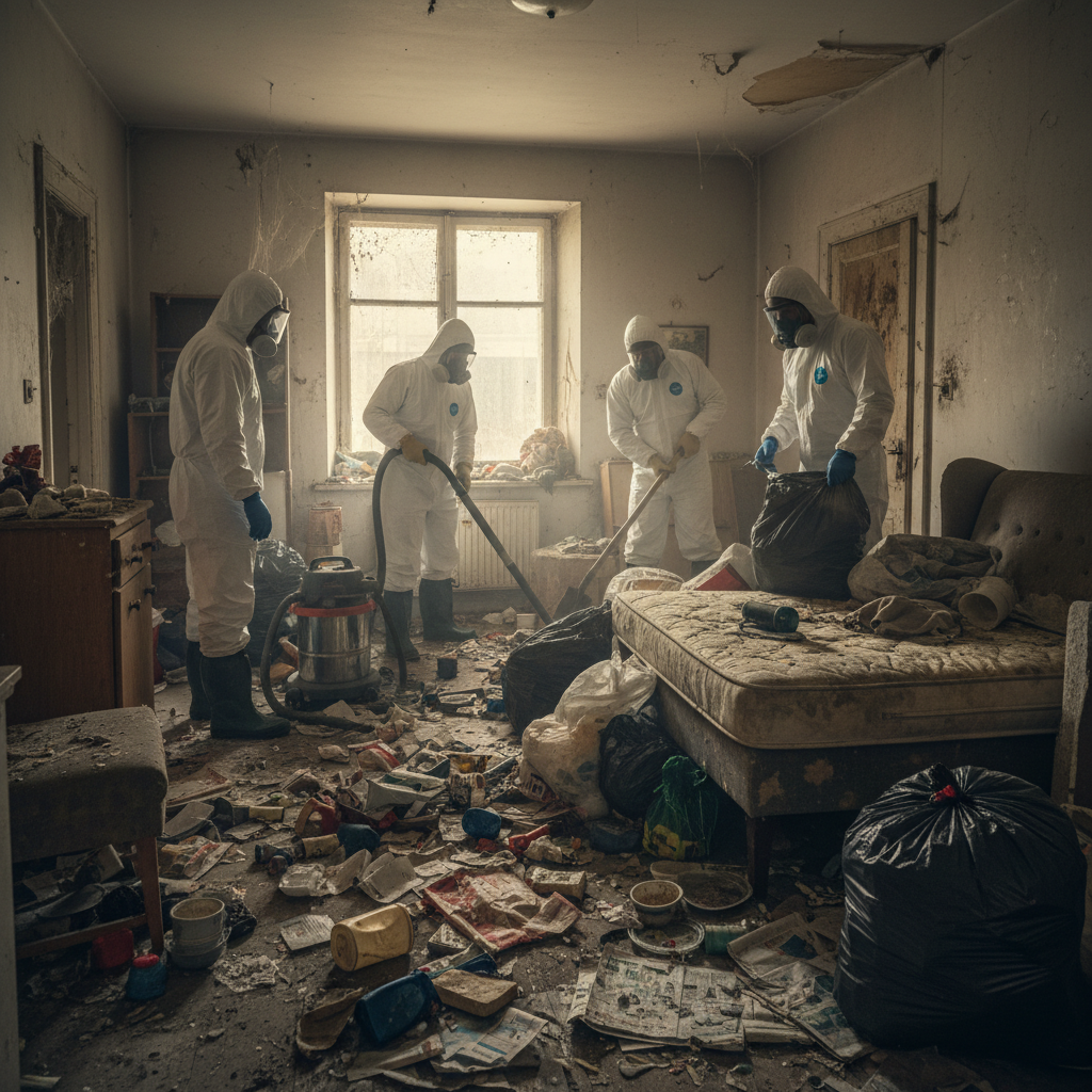 imagen relacionada con limpiezas traumáticas o síndrome de Diógenes, mostrando operarios profesionales limpiando con equipos de protección individual (EPI) en un entorno sucio