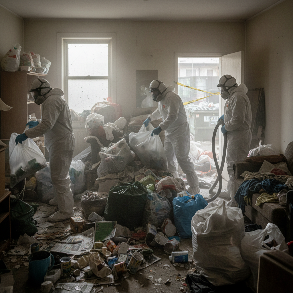 imagen relacionada con limpiezas traumáticas o síndrome de Diógenes, con operarios usando EPIs (equipos de protección individual) en acción