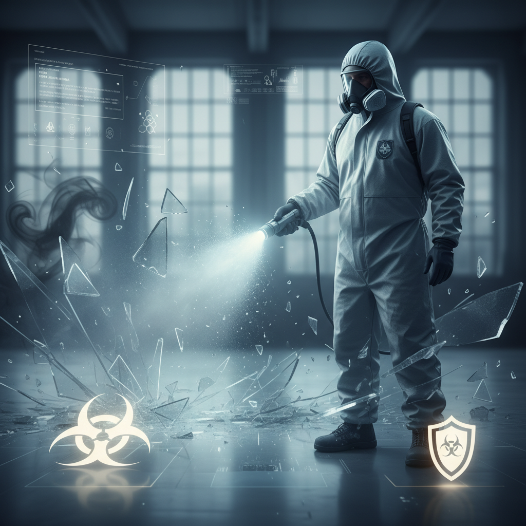 imagen relacionada con limpiezas de muertes traumáticas, profesional, seria, sin contenido gráfico explícito, usando elementos simbólicos de limpieza y seguridad